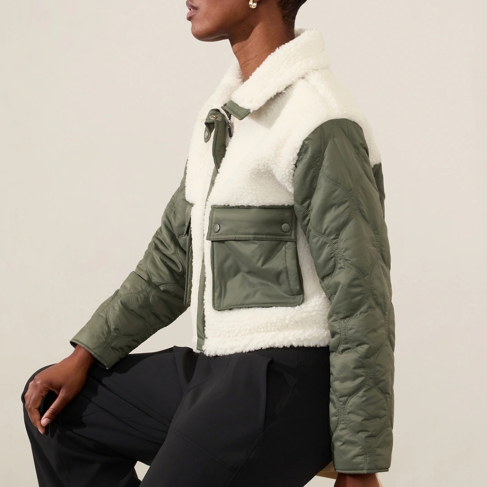 Athleta Fleece Hybrid Olive Green and White Women's Jacket